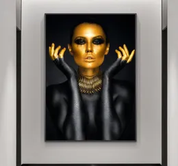 Preto ouro nu mulher sexy pinturas em tela na parede arte cartazes e impressões ouro rosto menina arte imagem casa decoração da parede cuadro9390925