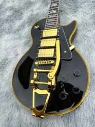 Chitarra elettrica personalizzata nera, logo e rilegatura corpo gialli, vibrato oro, accessori oro, spedizione rapida