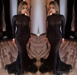 Sequins 2023 Black Prom Dresses Mermaid Long Sleeves High Neck Floor Length Custom Made Ruched Evening Party Gowns Vestidos Plus Size