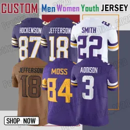 18 Justin Jefferson Camisa de futebol 15 Joshua Dobbs 3 Addison T.J. Hockenson Harrison Smith Kirk Cousins Lewis Cine Randle TJ Randy Moss CJ Ham Danielle Hunter KJ Osborn