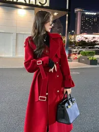 Frauen Blends 2023 Herbst Winter High end Weihnachten Rot Lose Woolen Langen Mantel Dicke Warme Spitze up Weibliche Mode jacken 231123