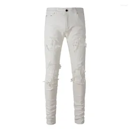 Men's Jeans Arrival Mens Beige Distressed Streetwear Fashion Slim Fit Stretch Damaged Holes With Bandana Rib Patches Ripped Skinny