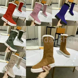 Designer boots Lamb wool knee-high boots Warm flat boots for women Vintage printed snow boots Winter Warmth Suede Leather Women Casual outdoor boots