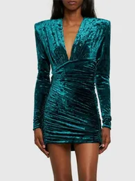 Vestidos casuais sexy v pescoço manga longa cintura alta dobras mini vestido mulheres cipreste verde / roxo velet plissado bodycon elegante praty noite