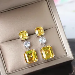 Brincos pendurados de alta qualidade, elegante, luxuoso, quadrado, amarelo, pedra cz, corte especial, cor prateada, gota para mulheres, joias, presente de aniversário