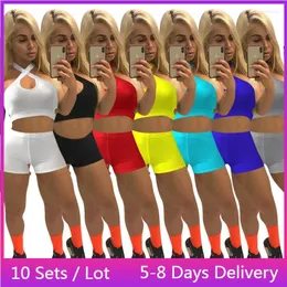 Women's Tracksuits Wholesale Items Sportswear Bodycon 2 Piece Set Women Fitness Summer Two Sets Womens Outifits Halter Crop Top Shorts