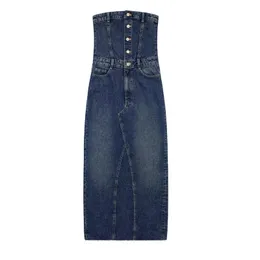 Damen Denim Jeans Freizeitkleider Tube Top trägerlos schulterfrei schlanke Taille Maxi lange Vestidos XSSML