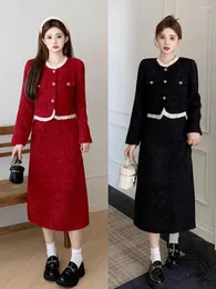 Two Piece Dress UNXX Plus Size Chubby Girl Minimalist Wool Coat Autumn Slimming French Elegant Midi Skirt 2 Set Women High Quality Top