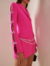 女性のスーツ甘いファッション女性スーツドレスシャイニングダイヤモンドボウホロースリーブノッチパールベルトミニセレブリティパーティー服