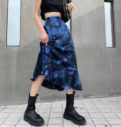 Skirts Ucuhulnl Harajuku Blue Tie Dye Skirt Goth Punk High Waist Ruffle Streetwear Patchwork A Line Women Party Club WearSkirts