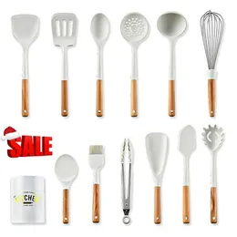 13 adet mutfak gereç seti silikon pişirme kapları kiti spatula ısıya dayanıklı ahşap kaşık gadgets aracı yapışmaz tencere, beyaz