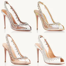 Temptation Sandali decorati con cristalli Tacchi alti Aquazzura Nero Bianco Scarpe eleganti nude Donna Punta aperta Slingback Argento Rosa Verde Blu Festa di nozze