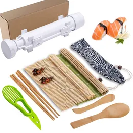Kit de fabricación de sushi, 2 alfombrillas de sushi de bambú y 1 Roller de arroz de bazuca de sushi profesional, 2 pares de palillos de bambú, portavasos de aguacate