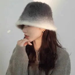 韓国のネットレッド徐々に変化するウサギの髪のバケツハット女性冬の厚い温かい漁師帽子女性豪華な盆地帽子編み帽子231015
