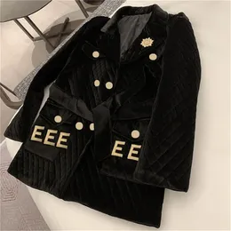 Black Velour Women Coat Letters Long Sleeve Outerwear Winter Spring Fashion Padded Jacket Coats