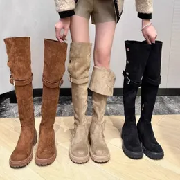 Buty nad kolanami kowbojki kobiety 2024 designerskie buty zimowe platforma moda futro zamszowe kliny uda wysokie buty buty motocyklowe 231122