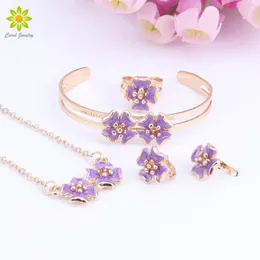 Necklace Earrings Set Baby Kids Children Girl Gold Color Cute Flower Pendant Bracelet Adjustable Ring