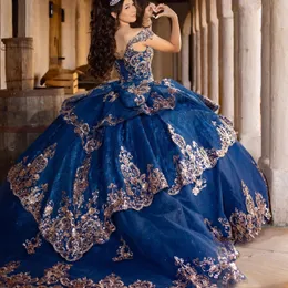 2024 princesa azul marinho fora do ombro quinceanera vestidos apliques rendas contas festa doce 16 vestido de baile vestidos de 15 anos