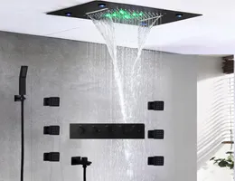 Schwarzes Wasserfall-Duschset, Massage-Duschpaneel, LED-Thermostat, Bad, Badezimmer, 2-Zoll-Körperdüsen, Regen-Handbrause-Set 6540127