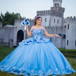Sky Blue Sweetheart Quinceanera Dresses Ball Gown 3D Floral Flowers Appliques Lace Beads Off Shoulder Corset For Sweet 15 Girls