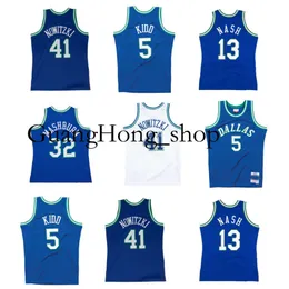 S GH Dirk Nowitzki Maverick Basketball Jersey Dalla Jason Kidd Steve Nash Jamal Mashburn Mitch och Ness Throwback Blue White Size S-XXL