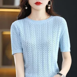 Women's T-Shirt Pure Cotton T-Shirts Women's Round Neck Strands Empty Pullover Top Casual Knit Loose Top Summer Mesh Fashion Short Sleeves P230328