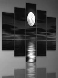 Handgemalte Kunst „Die dunkle Nacht, Meer, heller Mond“, fertig zum Aufhängen, Wanddekoration, Landschaftsölgemälde auf Leinwand, 5-teiliges Set9887899