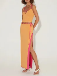 فستان من قطعتين من الأزياء النسائية الصيفية ملابس الصيف أكمام سباغيتي حزام أسعار وسائط طويلة وتنورة طائرة بيتش م L 231123