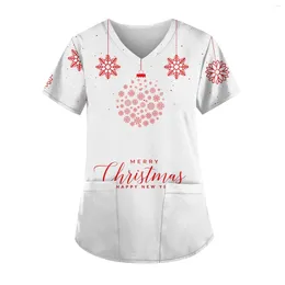 Women's T Shirts Snowman Print Uniform Scrub Women Christmas Nursing Short Sleeve V-neck Tops Working Blouse Shirt