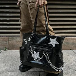 Evening Bags Xiuya Gothic Tote Bag Trendy Harajuku Chain Handbag for Women Spring Punk High Street Girls Casual Black PU Leather Bag 230422