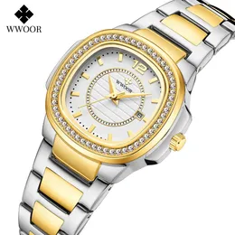 Andra klockor Wwoor Women 2023 Fashion Diamond Armband Watch Luxury Brand Gold Ladies Quartz Wrist Gifts For Montre Femme 231122