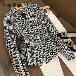 Womens Suits Blazers Europese en Amerikaanse Ster Mode Double Breasted zwarte Geometrische Jacquard Slanke Jasje Vrouwen Blazer Femme 231123