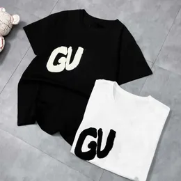 Springsummer New g Family Towel Embroidery Letter Round Neck Versatile Black and White Unisex Casual Short Sleeve Tshirt