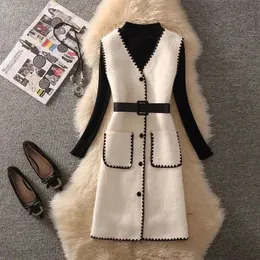 Vestido de duas peças com cinto de comprimento médio colete de malha pulôver conjunto feminino outono e inverno versão coreana do vestido francês top two pie 231123