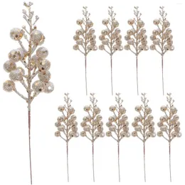 Flores decorativas 10 pçs artificial baga hastes glitter ramo falso para árvore de natal decorações simulação floco de neve