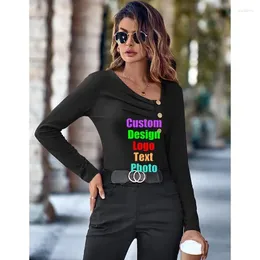 Women's T Shirts 2023 Europa USA Hösten Vinterdiagonal krage avslappnad fast färg Slim-Fit Long Sleeve Tops Custom Logo