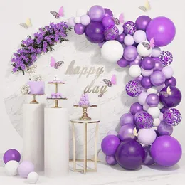 Decorazione per feste 124 pezzi Palloncini viola in metallo Arco Farfalla dorata Ghirlanda di macaron bianca per la decorazione dello sfondo di nozze