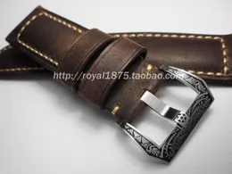 Bracelets de montre hommes faits à la main rétro marron bracelet en cuir véritable 24mm sangles avec boucle sculptée en argent boucles en acier inoxydable