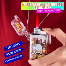 Lighters 2023 New Windproof Waterproof Lighter LED Lighting Red Green Flame Cartoon Sticker Men Smoking Tools Camping Gadgets