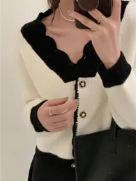 الحياكة النسائية Korobov French خمر knintage v cardigan cardigan متنوعة ألوان هوك زهرة سترة مزاج قمم أزياء sueters de