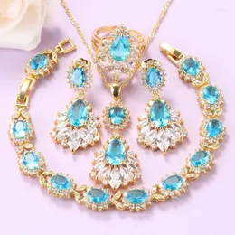 Necklace Earrings Set Turkey Big Gold-Color Sky Blue Cubic Zirconia Fashion Women Accessories Wedding-Party Gift