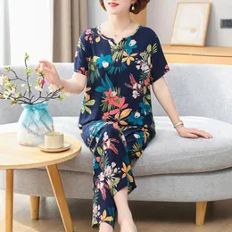 Women's Sleepwear Fdfklak Women 2 Piece Floral Print Summer Loose Viscose Pijamas Lounge Wear Thin Short Sleeve Trouser Suits