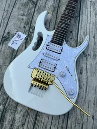 Beyaz düzensiz elektrikli gitar, kızılağaç gövdesi, altın çift sallama, ithal ahşap ve boya, parlak, stokta, hızlı