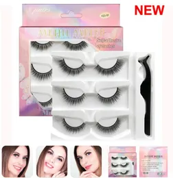 Makeup Self Adhesive False Eyelashes 3 Pairs Fake eyelash and Tweezer Set Extension Handmade 3D Lashes Soft Natural Thick Cross Li6690488