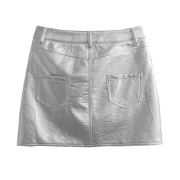 Röcke Damen Aline-Röcke mit hoher Taille, silberfarben, kurzer, cooler Rock aus PU-Leder, SML