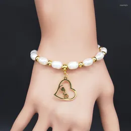 Link Bracelets 2023 Love Heart Stainless Steel Freshwater Pearls 팔찌 금색 가족 보석 Pulseras Mujer Moda B18647S07