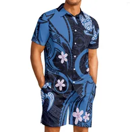 Fatos masculinos polinésio tribal fijian totem tatuagem fiji imprime leve poliéster de secagem rápida plumeria manga curta praia pantsuit