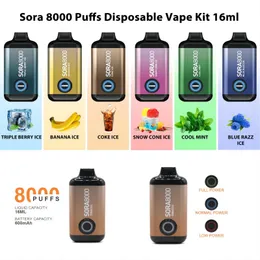 Kalite Gurantee Elektronik Sigara Üreticisi Komge Sora Vape Plus 8000 Pufs 2% 5% Tuz NIC 7K 8K 9K BÜYÜK PUBSS En Yeni Tek Kullanımlık Vape Pod Cihaz Vaper