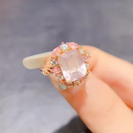 Anel vintage de quartzo rosa natural, 8mm x 10mm, 3ct, quartzo rosa, joias de prata esterlina 925, joias com pedras preciosas com banho de ouro