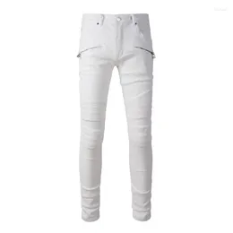 Jeans masculinos Bege High Street Moda Slim Fit Costels angustiados Patches Zippers Bolsões Motores de Motas Minante